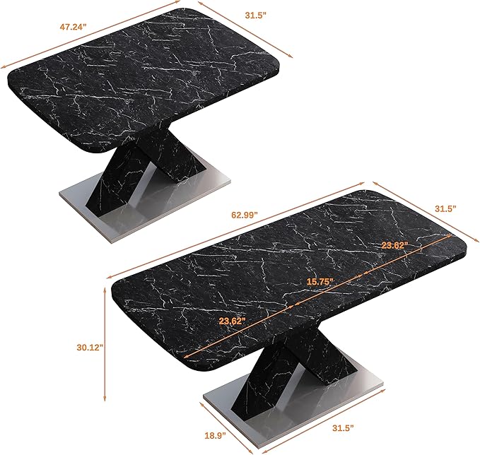 Modern Extended Marble Dining Table for 4-8, Rectangle Kitchen Dining Room Table with Black Marble Top & X-Shape Legs (Black11)