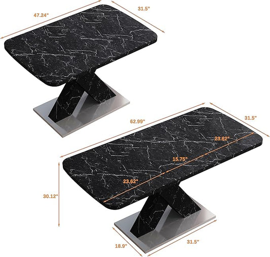 Modern Extended Marble Dining Table for 4-8, Rectangle Kitchen Dining Room Table with Black Marble Top & X-Shape Legs (Black11)