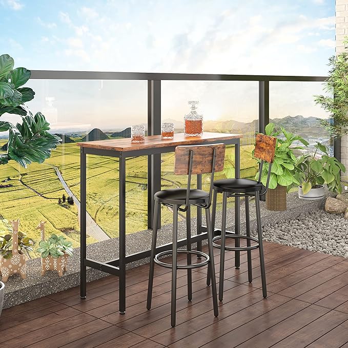 Bar Table Set for 2 with 2 PU Upholstered Stools, Pub Bistro Dinning Table and Stools with Backrest, Counter Height Bar Table Set for Apartment, Kitchen, Small Space
