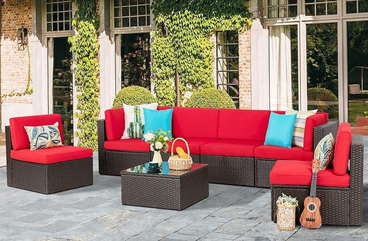 Vongrasig 8 Pieces Patio Furniture Set with 43" Fire Pit, Outdoor Couch Sectional Set, Small Conversation Set, 50,000 BTU Gas Fire Pit Propane Fire Table with Lid, Glass Wind Guard, Red