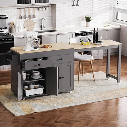 74.5 Inch Kitchen Island with Extendable Dining Table, Rolling on Wheels, Spice Rack, 2 Drawers, 4 Door Cabinet(Gray)