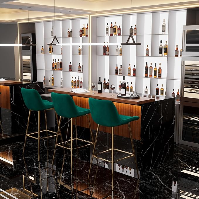 Modern Bar Table and Bar Stools Set, Marble-Look Counter Table with Wood Accent Top & Green Velvet Bar Chairs Set of 3 with Gold Legs, Kitchen Island Pub Table Set for Home Bar, Dining Room