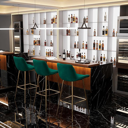 Modern Bar Table and Bar Stools Set, Marble-Look Counter Table with Wood Accent Top & Green Velvet Bar Chairs Set of 3 with Gold Legs, Kitchen Island Pub Table Set for Home Bar, Dining Room
