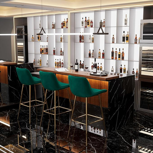 Modern Bar Table and Bar Stools Set, Marble-Look Counter Table with Wood Accent Top & Green Velvet Bar Chairs Set of 3 with Gold Legs, Kitchen Island Pub Table Set for Home Bar, Dining Room