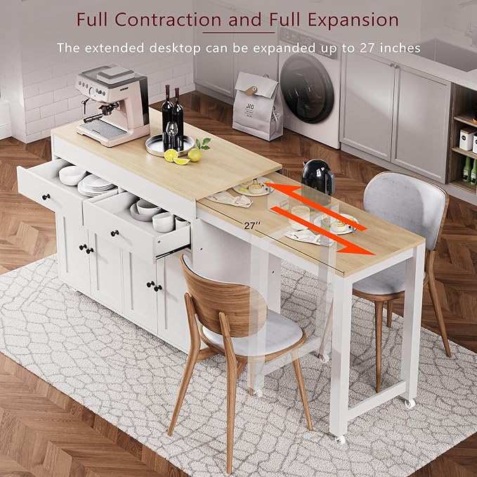 74.5" inch Rolling Kitchen Island with Extendable Dining Table with Extendable Dining Table for 2-4 with Spice Rack and 2 Drawers, Kitchen Storage with 4 Door Cabinet (White)