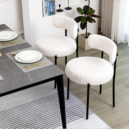 DYHOME White Boucle Dining Chairs Set of 4, Upholstered Kitchen Chairs with Thick Cushions and Metal Legs, Round Modern Dining Room Chairs