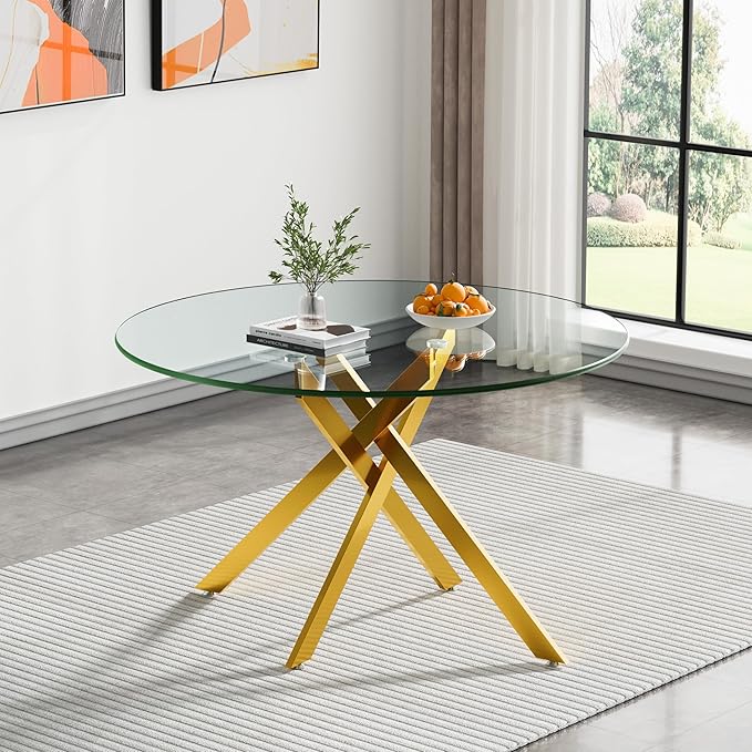SSLine 47.25'' Round Glass Dining Table,Modern Kitchen Table for 2-6 People,Dining Room Table with Tempered Glass Top and Metal Legs,Leisure Tea Coffee Table for Living Room,Dining Room