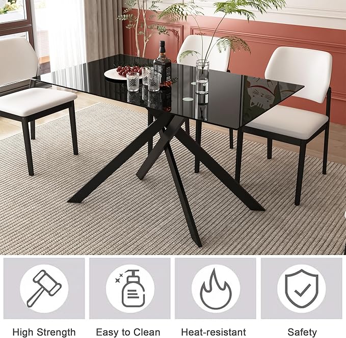 51.18" Rectangular Glass Dining Table, Tempered Glass Small Kitchen Table with Metal Tubular Legs, Stylish and Sturdy Black Dinner Table for Home and Outdoor