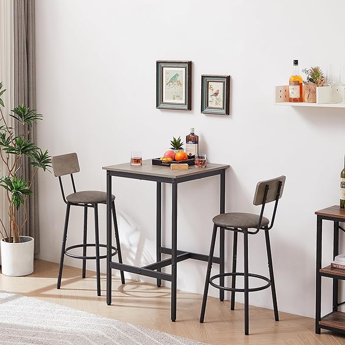 Square Bar Stool Table Set of 2, Dinner Table Set Upholstered Seat with Backrest, Comfortable PU Padded Seat, Height Coffee Kitchen Table Set with Strong Iron Frame Supports 350 lbs, Rustic Brown