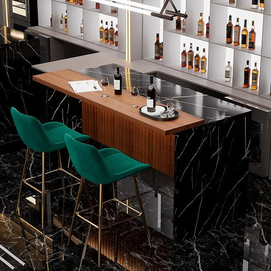 Modern Bar Table and Bar Stools Set, Marble-Look Counter Table with Wood Accent Top & Green Velvet Bar Chairs Set of 2 with Gold Legs, Kitchen Island Pub Table Set for Home Bar, Dining Room