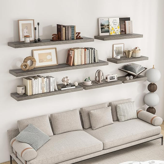 RICHFOCUS 24Inch Floating Shelves for Wall 2 Pack Shelves for Bedroom|Kitchen|Bathroom Wall Mounted Rustic Wood Floating Shelf with Invisible Brackets for Books|Storage|Decor, Grey