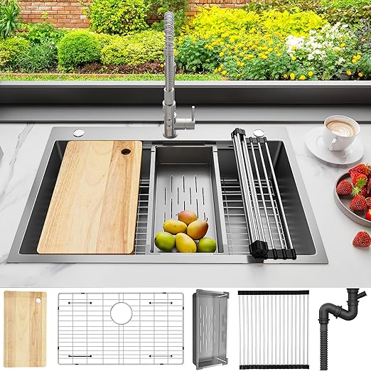YITAHOME Drop In Kitchen Sink Workstation 33in, 304 Stainless Steel Single Bowl Top Mount Sink w/Ledge & Accessories, Honeycomb Surface Design, 33 x 22 x 10 in, Silver