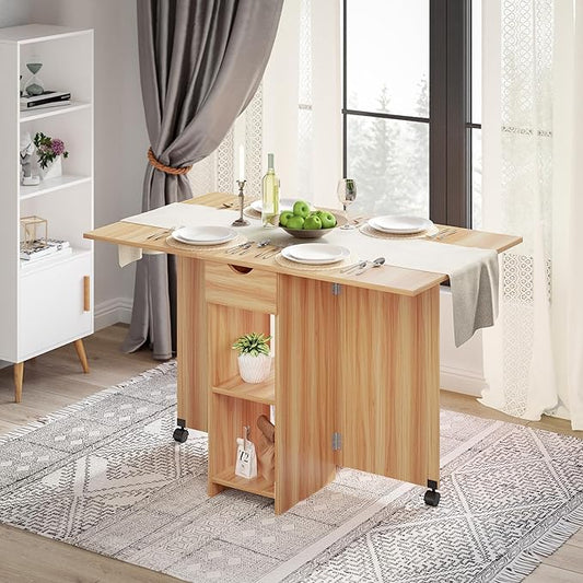 Folding Dining Table, Drop Leaf Table for Small Space with Drawer and Open Storage Shelves, Modern Rectangular Kitchen Dining Table, 47.2" L x 28.3" W (Red Oak)
