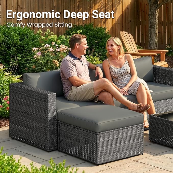 Wisteria Lane 5-Pieces Outdoor Patio Furniture Set, All Weather Wicker Rattan Sectional Sofa, Patio Conversation Set with Cushions & Glass Coffee Table for Backyard Porch Garden Balcony, Grey