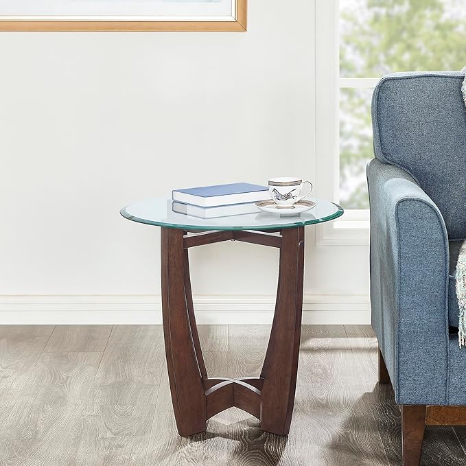 23.5" Round Side Tables, Small Space End Table with Tempered Glass Tabletop, Glass Coffee Table with Cross and Solid Wood Base, Small Night Stand for Living Room Cherry