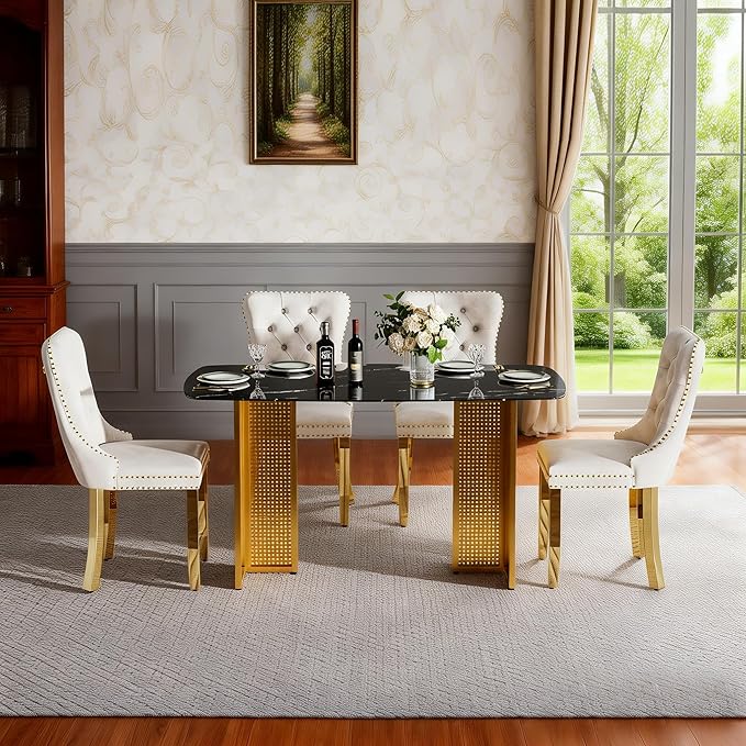 51" Black Marble Dining Table, 4-6 Person Modern Kitchen Dining Room Tables with Marble Pattern Tempered Glass Top and Golden Hollow-Out Metal Base, Space Saving Rectangle Dinner Table for Home