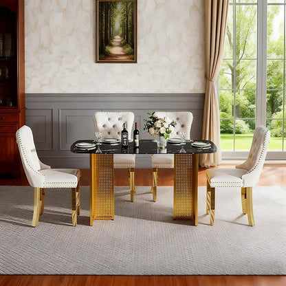 51" Black Marble Dining Table, 4-6 Person Modern Kitchen Dining Room Tables with Marble Pattern Tempered Glass Top and Golden Hollow-Out Metal Base, Space Saving Rectangle Dinner Table for Home