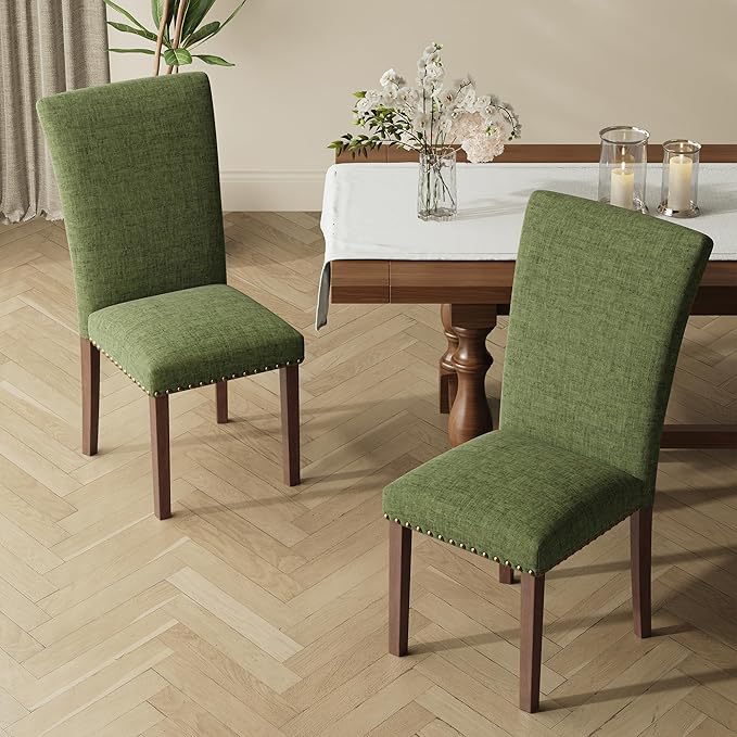 COLAMY Upholstered Parsons Dining Chairs Set of 6, Fabric Dining Room Kitchen Side Chair with Nailhead Trim and Wood Legs - Green