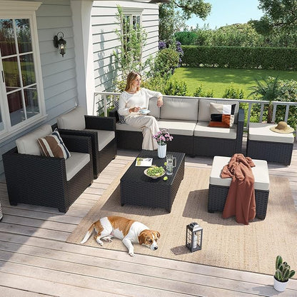 Aoxun 8 Piece Outdoor Patio Furniture Set 7 Seats, Outdoor Sectional with Thick Waterproof Cushions, Patio Conversation Sets for Garden,Backyard, Porch, Balcony, Deck, Black & Beige