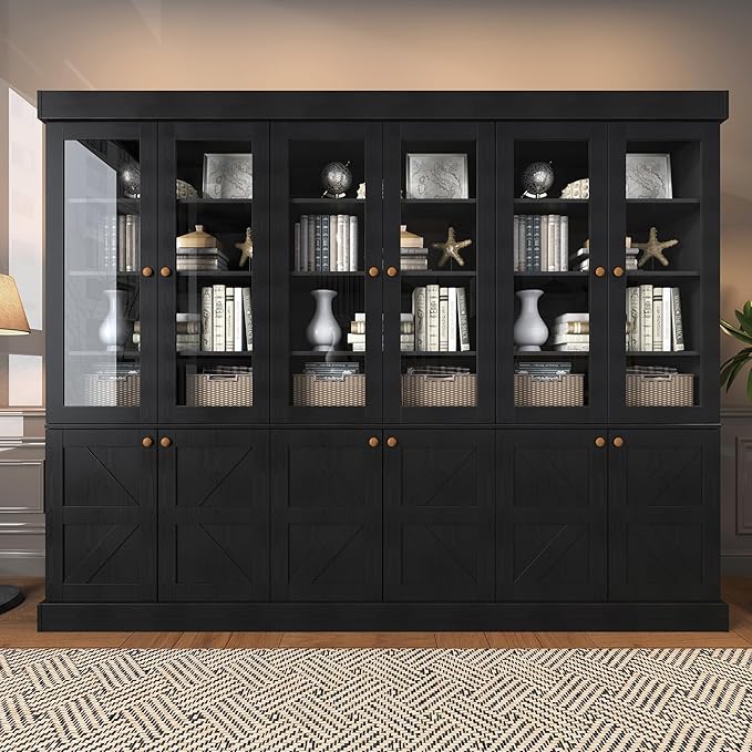 ivaniti 71" Tall Farmhouse Kitchen Pantry, Rustic Large Storage Cabinet with Glass Doors, Adjustable Shelves, Wood Versatile Hutch Cabinet for Dining Room, Living Room, Black 3 Pcs