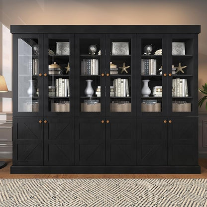 ivaniti 71" Tall Farmhouse Kitchen Pantry, Rustic Large Storage Cabinet with Glass Doors, Adjustable Shelves, Wood Versatile Hutch Cabinet for Dining Room, Living Room, Black 3 Pcs