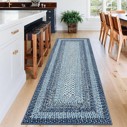 Washable Runner Rug 2x8 Bathroom Rugs Blue Modern Printed Braided Bedroom Rug Non Slip Geometric Area Rug Kitchen Rugs Stain Resistant Carpet for Laundry Room 2'x8' Blue