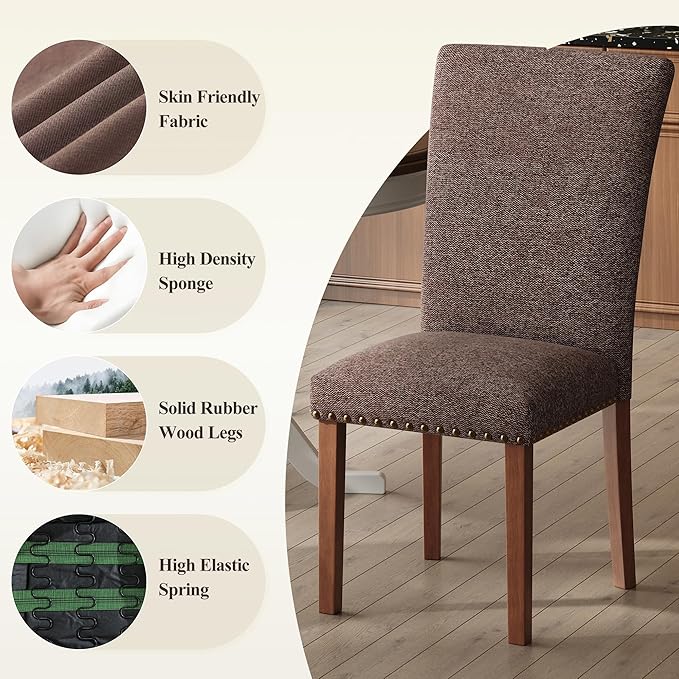 COLAMY Upholstered Parsons Dining Chairs Set of 4, Fabric Dining Room Kitchen Side Chair with Nailhead Trim and Wood Legs - Brown