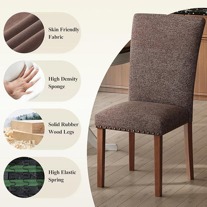 COLAMY Upholstered Parsons Dining Chairs Set of 4, Fabric Dining Room Kitchen Side Chair with Nailhead Trim and Wood Legs - Brown