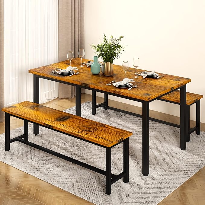 DKLGG Dining Table Set for 4, 47.2'' Kitchen Table with 2 Benches, 3 Piece Farmhouse Dining Room Table Set, Space-Saving Dinette for Kitchen, Dining Room, Apartment, Metal Frame & MDF Board