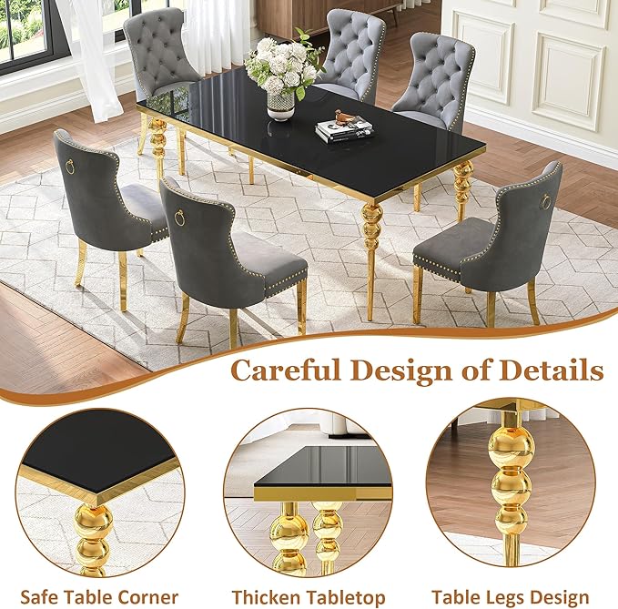 7 Piece Glass Dining Table Set, Modern 70 Inch Gold Rectangular Glass Kitchen Table, 6 Gray Exquisite Velvet Cushion Chairs for Living Room, Restaurant (Black-Top)