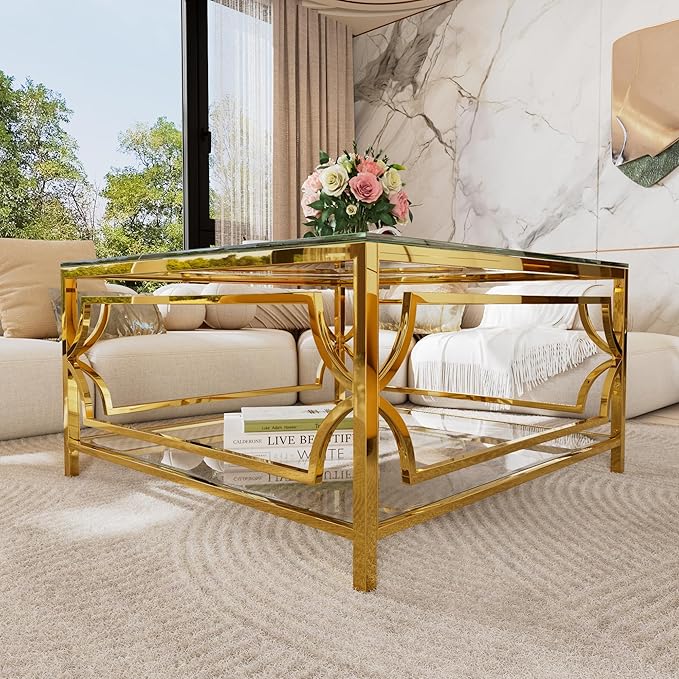 Harper & Bright Designs Square Glass Coffee Table in 33.5",Luxurious Geometric Metal Frame,Gold Finish & Lower Shelf