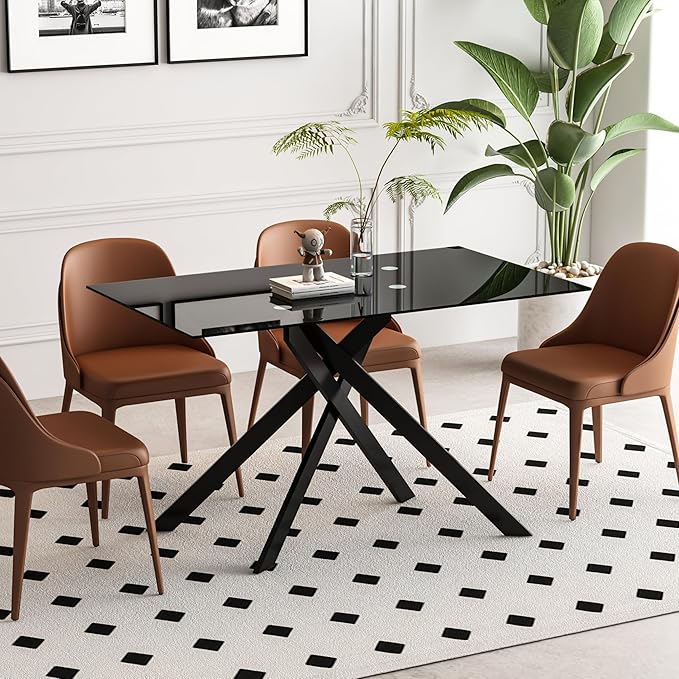 51inch Modern Dining Table for 4, Glass Kitchen Dining Room Table for 4, 0.32" Tempered Glass Tabletop and Black Metal Legs,Rectangle Black Glass Tables for Kitchen, Dining Room