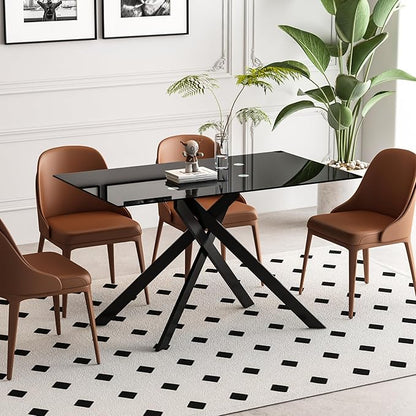 51inch Modern Dining Table for 4, Glass Kitchen Dining Room Table for 4, 0.32" Tempered Glass Tabletop and Black Metal Legs,Rectangle Black Glass Tables for Kitchen, Dining Room