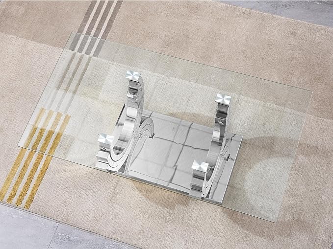 HomVent 51.18" Glass Coffee Table, Living Room Tables, Modern Silver Tempered Glass Top Side Center Tables Bedroom, Rectangle Bedside Eating Table for Home Office with Stainless Steel Base