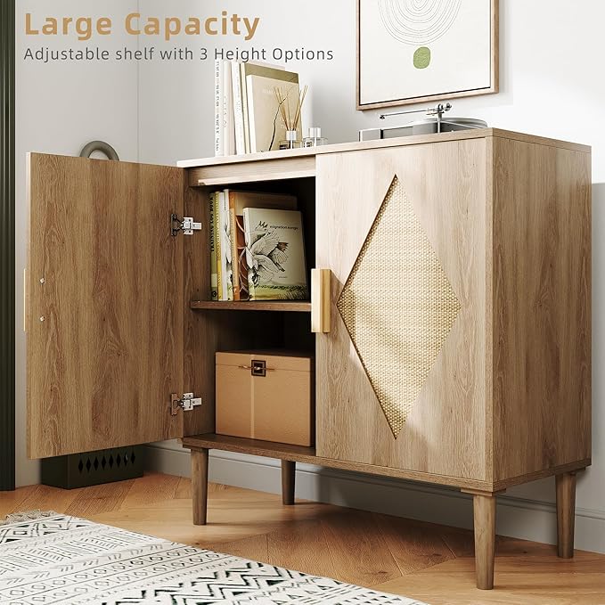 GarveeHome Two-Piece Dining Sideboard with Storage, Rattan Decorative Double Door Storage Cabinets, Sideboards and Decorative Cabins for Living Room, Dining Room, Foyer, Kitchen