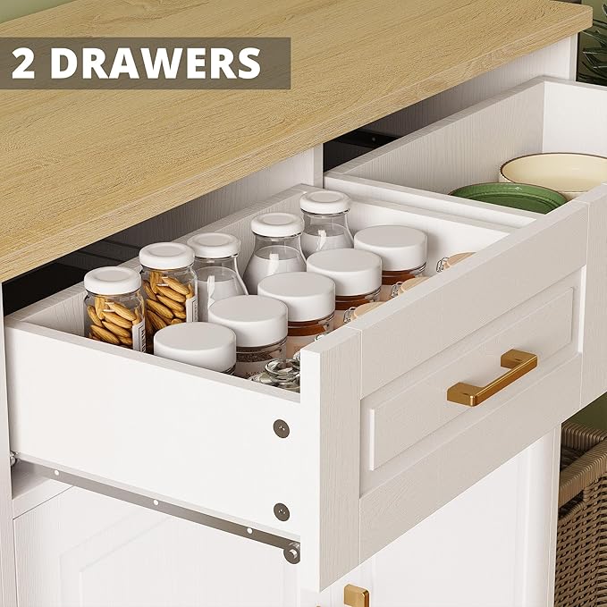 IRONCK Rolling Kitchen Island with Storage, Kitchen Cart Cabinet with Drop-Leaf & Charging Station Drawer & Shelves & Spice Rack 47" W x 30" D White