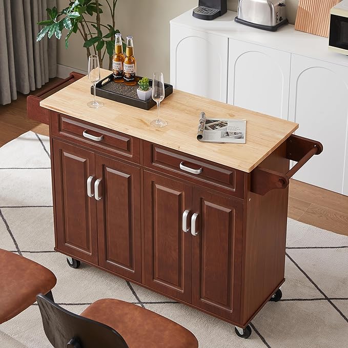GOWE 54'' Portable Kitchen Island Cart on Wheels Wood Storage Cabinet with 2 Drawers, Spice Rack & Towel Rack, Walnut 53.78''W x 18.11''D x 35.47''H.