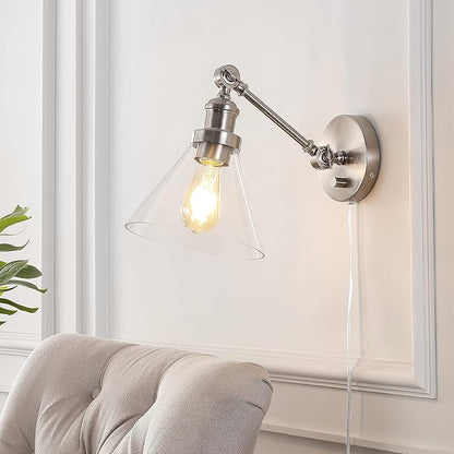 JONATHAN Y 8" Nickel Adjustable LED Wall Sconce, Plug-in Wall Lamp with Dimmer Switch, Clear Glass Shade for Bedroom Living Room Kitchen, LED Bulb Included (JYL7575B)