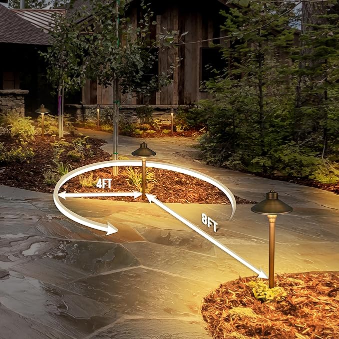 GKOLED Solid Brass Landscape Path Lights (6.7" Shade, 20" Tall), Low Voltage LED 3W 12-24V AC/DC China Hat Path Lighting, 2700K Outdoor Waterproof Walkway Light, with Stake and G4 Bulb, 6 Pack