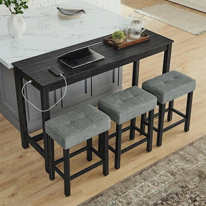 59 inch Bar Table and Chairs Set with with Power Outlet, Industrial Hight Counter Height Bar Table with 3 Upholstered Stools,4 Pieces Space-Save Breakfast Table Set for Kitchen Dining Room (Black)