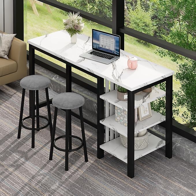 Lamerge Kitchen Furniture Bar Height Table and Chairs for 2 People, 4-Tier Compact Dining Room Table, White Faux Marble Top and 2 Grey Velvet Upholstered Seat, Modern Dining Set for Home/Studio/Office
