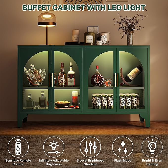 Foreate Arched Sideboard Buffet Cabinet with Storage & LED Light, 53.2" Large Buffet Cabinet with 4 Glass Door & Adjustable Shelf, Modern Farmhouse Sideboard Credenzas Metal Kitchen Buffet, Green