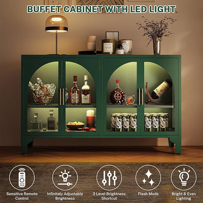 Foreate Arched Sideboard Buffet Cabinet with Storage & LED Light, 53.2" Large Buffet Cabinet with 4 Glass Door & Adjustable Shelf, Modern Farmhouse Sideboard Credenzas Metal Kitchen Buffet, Green