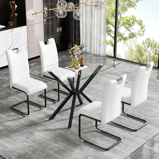 47in Modern Rectangular Glass Dining Table for 4, Save Space Glass Dining Room Table with Black Metal Legs, Clear Glass Top Kitchen Dining Table Set for 4