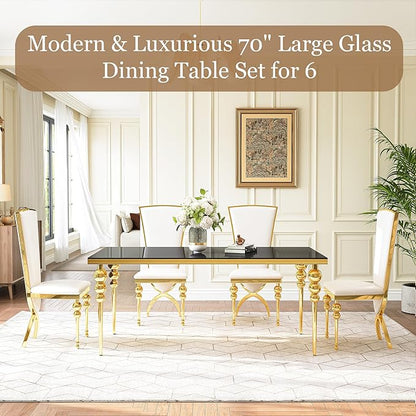 Glass Dining Table Set for 6, Luxurious 70 Inch Rectangular Glass Kitchen Table with 6 White High Back Leather Chairs, for Dining Room, Restaurant, Living Room (Black Top)