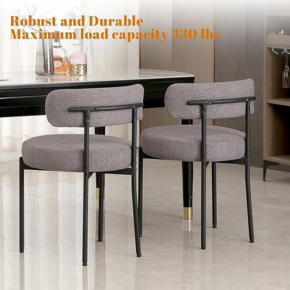 DYHOME Dark Grey Dining Chairs Set of 2, Mid-Century Modern Dining Chairs, Kitchen Dining Room Chairs, Curved Backrest Round Upholstered Boucle Sherpa Dining Chair with Black Metal Legs