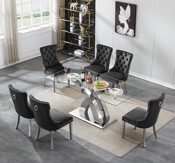 70" Glass Dining Table for 6-8, Modern Dining Room Table with 0.39" Tempered Glass Top and X-Shaped Silver Stainless Steel Base, Rectangle Kitchen Dinner Table for Dining Room