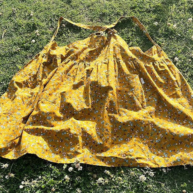 Cityelf Vintage Pinafore Apron Dress Snap Adjust Linen Cotton with Pockets Floral Aprons for Cooking Gardening