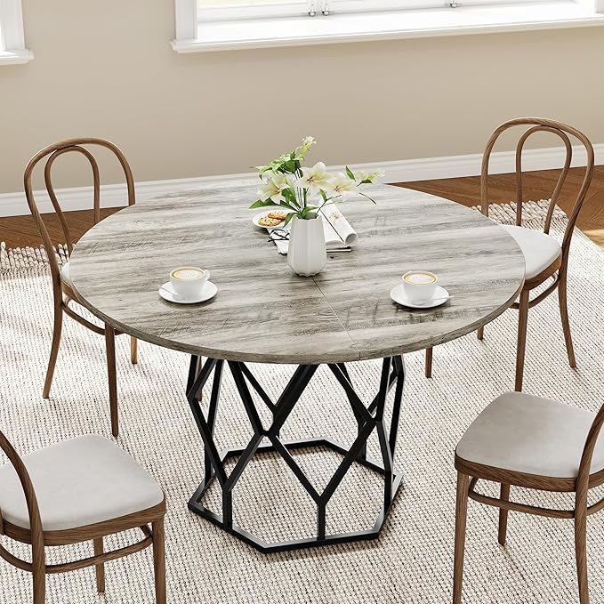 GarveeHome 47-inch Round Dining Table for 4-6 People, Farmhouse Kitchen Table with Diamond Metal Base, Industrial Wood Circle Dinner Table for Dining Room, Kitchen, Living Room, Grey