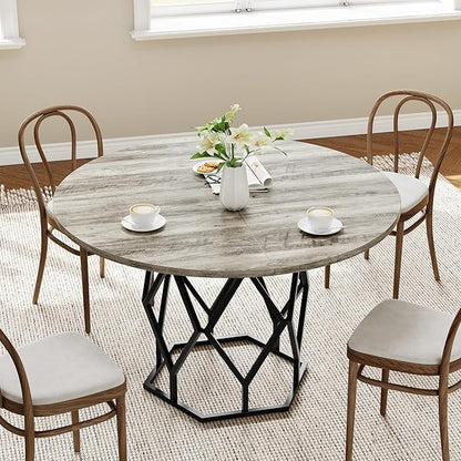 GarveeHome 47-inch Round Dining Table for 4-6 People, Farmhouse Kitchen Table with Diamond Metal Base, Industrial Wood Circle Dinner Table for Dining Room, Kitchen, Living Room, Grey